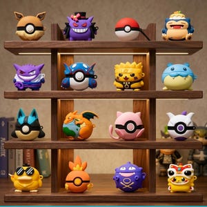 May include: A wooden four-tier display shelf holding sixteen silicone protective cases for wireless earbuds. The cases feature various colorful character designs, including creatures, a red and white ball, and themed figures in yellow, purple, blue, and orange.