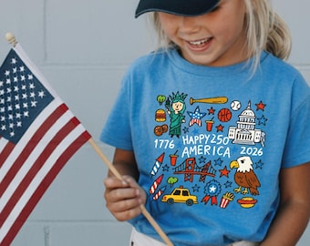 Kids America Happy 250 T-Shirt, 1776-2026 USA 250th Anniversary Shirt, Kids Doodle Patriotic USA Tee