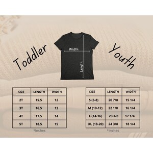May include: Dark gray t-shirt with measurements for toddler and youth sizes. The image includes a size chart with length and width in inches for each size, from 2T to XL.