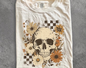 Vintage Boho Floral Skull Comfort Colors® Shirt, Floral Skeleton Halloween Shirt, Retro Checkerboard Skull Graphic