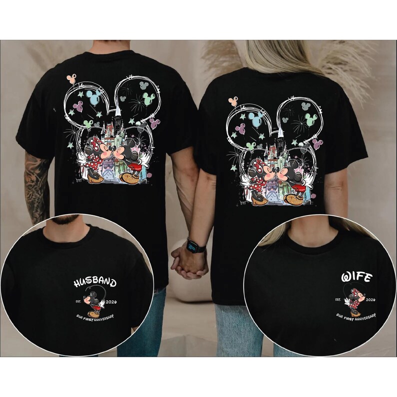 May include: Black t-shirts with a Mickey and Minnie Mouse design, a castle, and fireworks. The back of the shirts have a large Mickey Mouse head outline with the couple in the centre. One shirt says "Husband" and the other says "Wife".