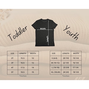 May include: Dark grey t-shirt with size charts for toddlers and youths. The image shows length and width measurements in inches for each size, from 2T to XL.