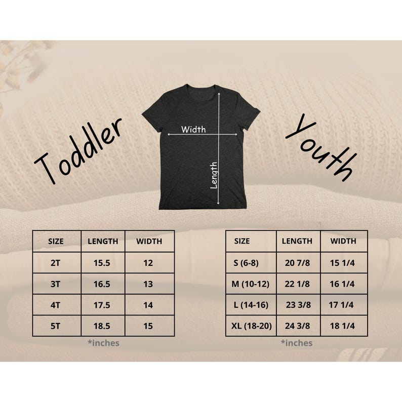 May include: Dark grey t-shirt with size charts for toddlers and youths. The image shows length and width measurements in inches for each size, from 2T to XL.