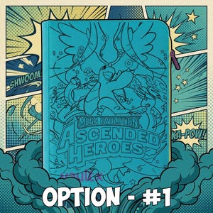 May include: A teal-colored zippered binder featuring a debossed graphic of a creature with wings and the text Mega Evolution Ascended Heroes. The cover displays a detailed line art illustration of a central character surrounded by stars and energy.