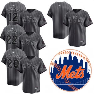May include: Gray pinstripe baseball jerseys with "NYC" on the front and player numbers on the back. The jerseys have a Mets logo on the sleeve and a team logo. The image includes jerseys with the names Lindor, Soto, and Alonso.