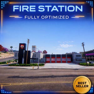 May include: A digital rendering of a fire station under a blue sky. The building has a modern design with red and black garage doors. The text "FIRE STATION" and "FULLY OPTIMIZED" are displayed at the top. A "BEST SELLER" badge is in the bottom right.