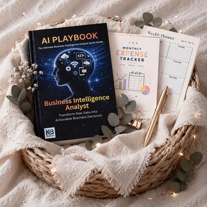 May include: A woven basket holds a book titled "AI PLAYBOOK" and a "Monthly Expense Tracker" notebook. A gold pen and a weekly planner are also in the basket. The book cover features a silhouette of a head with digital icons and the text "Business Intelligence Analyst."
