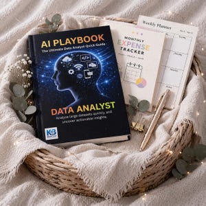 May include: A selection of stationery items, including a book titled "AI PLAYBOOK," a monthly expense tracker, and a weekly planner. The book has a dark cover with a graphic of a human head with digital icons. A gold pen and paper clip are also included.