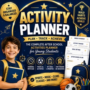 Puede incluir: Una agenda de actividades azul oscuro para estudiantes con texto dorado y estrellas. La portada muestra el título ACTIVITY PLANNER, PLAN TRACK ACHIEVE y THE COMPLETE AFTER SCHOOL ACTIVITIES PLANNER for Young Students, con iconos de deportes y música.
