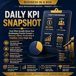 May include: A dark blue graphic with the text "DAILY KPI SNAPSHOT" and data visualizations. It includes charts, graphs, and icons representing revenue, clients, productivity, and deadlines. A coffee mug with the words "FOCUS. TRACK. IMPROVE. GROW." is also present.