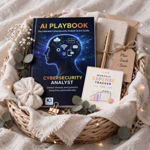 May include: A woven basket contains a book titled "AI PLAYBOOK" and "CYBERSECURITY ANALYST", a "MONTHLY EXPENSE TRACKER" book, a pen, notepads, and a tag that says "Plan, Track, Save". The books have colorful covers. The basket is lined with a cream-colored fabric.