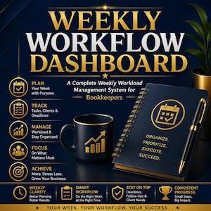 May include: A dark blue graphic with gold text and icons promoting a weekly workflow dashboard for bookkeepers. Includes a mug, notebook, and pen. The text reads "Weekly Workflow Dashboard" and "Organize, Prioritize, Execute, Succeed."