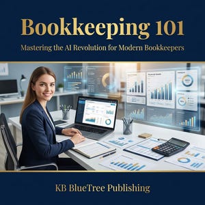 Könnte beinhalten: Ein Buchcover mit dem Titel Bookkeeping 101: Mastering the AI Revolution for Modern Bookkeepers von KB BlueTree Publishing. Es zeigt eine Fachkraft in einem marineblauen Blazer an einem Schreibtisch mit Laptop, Taschenrechner und digitalen Finanzdiagrammen.