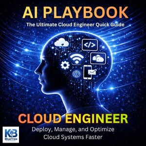 May include: Book cover titled "AI PLAYBOOK" with the subtitle "The Ultimate Cloud Engineer Quick Guide." The image features a silhouette of a person's head with digital icons representing cloud computing. The words "CLOUD ENGINEER" are in orange and green.