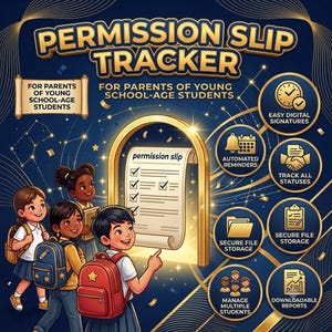 Peut inclure: Un outil de suivi de formulaires d'autorisation pour parents d'élèves, illustré par un parchemin central, quatre enfants avec des sacs à dos et des icônes circulaires détaillant des fonctions comme les signatures numériques et le stockage.