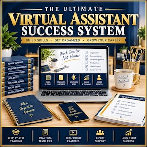 Könnte beinhalten: Ein Laptop mit dem Text The Ultimate Virtual Assistant Success System, Work Smarter Not Harder und einer Checkliste. Umgeben von einem blauen Spiralnotizbuch, einem Smartphone, einer weißen Tasse und einem Stapel blauer Bücher mit Aufgabenbeschriftung.