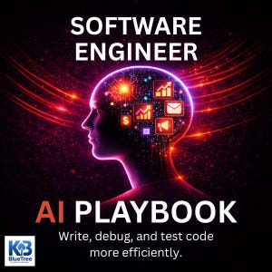 Puede incluir: Ilustración digital de un perfil de cabeza humana con un cerebro compuesto por iconos y circuitos. Las palabras "SOFTWARE ENGINEER" y "AI PLAYBOOK" se muestran en blanco y naranja. También se incluye el texto "Write, debug, and test code more efficiently".