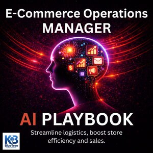 May include: A digital illustration promoting an "E-Commerce Operations Manager AI Playbook." The image features a silhouette of a head with glowing circuits and icons representing business concepts. Text includes "Streamline logistics, boost store efficiency and sales."