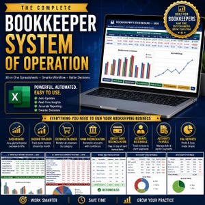 May include: A laptop displaying a bookkeeping dashboard with charts and financial data. The image promotes a complete bookkeeping system with features like auto-updates and real-time insights. Text includes "Bookkeeper System of Operation."