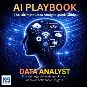 Może przedstawiać: Okładka książki z tytułem "AI PLAYBOOK" w kolorze pomarańczowym i podtytułem "The Ultimate Data Analyst Quick Guide". Obraz przedstawia sylwetkę ludzkiej głowy z cyfrowymi ikonami i słowami "DATA ANALYST" w kolorze pomarańczowym i żółtym.