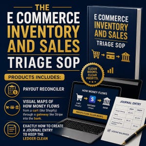 May include: A dark blue book titled E COMMERCE INVENTORY AND SALES TRIAGE SOP with gold text and icons. A laptop displays a money flow diagram from cart to bank. A journal entry document shows ledger columns with a black pen resting on the paper.