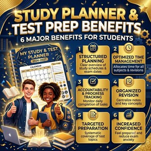 Op de afbeelding: Een digitale afbeelding met de titel STUDY PLANNER & TEST PREP BENEFITS 6 MAJOR BENEFITS FOR STUDENTS. Het toont een spiraalgebonden planner voor 2026-2027, twee studenten met rugzakken die een duim omhoog geven, en zes gouden vakken met voordelen zoals gestructureerde planning, tijdbeheer, voortgangscontrole, georganiseerde revisie, gerichte voorbereiding en meer zelfvertrouwen.