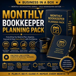 May include: A dark blue and gold Monthly Bookkeeper Planning Pack set featuring a box, a spiral-bound notebook with the text Your Month, Your Plan, Your Success, a matching mug, and a pen, all displayed with instructional text and icons.