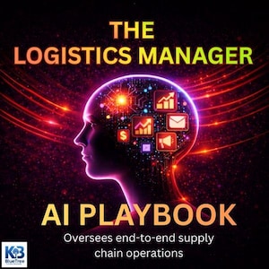 Puede incluir: Gráfico digital con el texto "THE LOGISTICS MANAGER AI PLAYBOOK" en amarillo y blanco. Una silueta púrpura de una cabeza tiene un diseño de placa de circuito con iconos. El texto "Oversees end-to-end supply chain operations" está en la parte inferior.