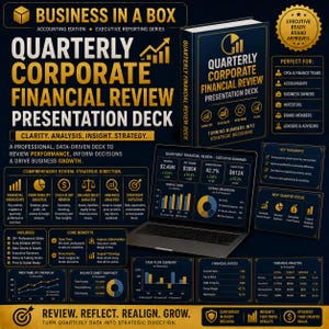 May include: A Business in a Box Quarterly Corporate Financial Review presentation deck featuring a dark blue and gold color scheme. The set includes a digital presentation on a laptop, a book cover, and various charts, graphs, and financial data summaries.