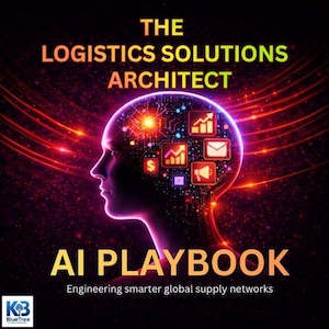 May include: A digital illustration shows a human profile with a brain made of data icons and circuits. The text reads "THE LOGISTICS SOLUTIONS ARCHITECT" and "AI PLAYBOOK". Below, it says "Engineering smarter global supply networks". The colour scheme is dark with red, orange, and purple hues.