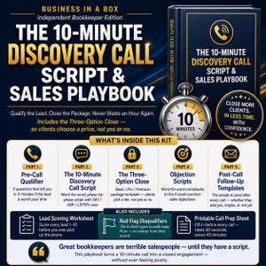 May include: An image promoting a "Business in a Box" kit, with a navy blue book titled "The 10-Minute Discovery Call Script & Sales Playbook." The image includes a stopwatch, and a breakdown of the kit's contents, such as pre-call qualifiers and objection scripts.