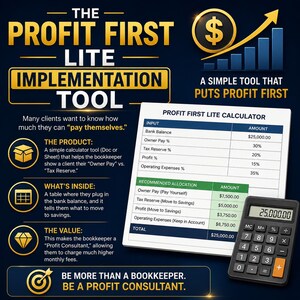 Puede incluir: Infografía que promociona una herramienta financiera, con una calculadora y una tabla con datos financieros. El texto destaca la "Profit First Lite Implementation Tool" y sus beneficios para contables y consultores.