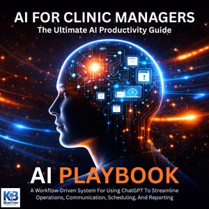 May include: A book cover with the title "AI FOR CLINIC MANAGERS" and "AI PLAYBOOK". The cover features a profile of a person's head with a glowing brain, and the text "A Workflow-Driven System For Using ChatGPT To Streamline Operations, Communication, Scheduling, And Reporting".