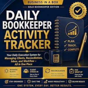 May include: A navy blue graphic with the text "DAILY BOOKKEEPER ACTIVITY TRACKER" and supporting text. Includes a notebook, pen, and mug with a calculator icon. The graphic promotes a system for managing clients, reconciliations, and workflow.