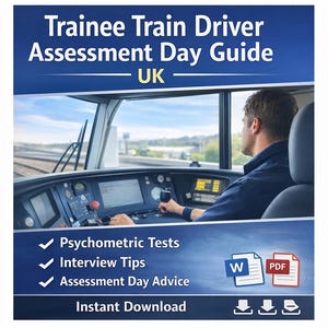 May include: A blue and white guide titled "Trainee Train Driver Assessment Day Guide UK" with a photo of a train driver in the cockpit. The guide includes information on psychometric tests, interview tips, and assessment day advice. Instant download available.