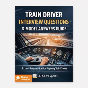 Puede incluir: Portada de libro con el título "TRAIN DRIVER INTERVIEW QUESTIONS & MODEL ANSWERS GUIDE." La imagen presenta el panel de control de un tren con manos en los controles y un tren en las vías al fondo. La portada también incluye el texto "Expert Preparation for Aspiring Train Drivers" y "Digital Download."