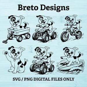 Może przedstawiać: Czarno-białe cyfrowe ilustracje zabawnych szczeniąt. Jeden szczeniak jest w wózku, drugi na quadzie, a trzeci na motocyklu. Inne szczeniaki machają, jeżdżą na quadzie i surfują. Tekst "Breto Designs" i "SVG / PNG DIGITAL FILES ONLY" jest również dołączony.