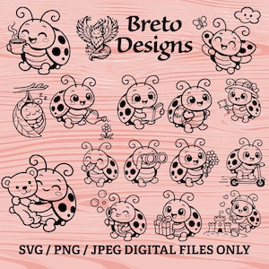 May include: A collection of black and white cartoon ladybug designs, each in a different pose, such as holding a cup, reading a book, or hugging a teddy bear. The text "Breto Designs" is at the top, with "SVG / PNG / JPEG DIGITAL FILES ONLY" at the bottom.
