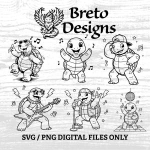 Könnte beinhalten: Schwarz-Weiß-Illustrationen von tanzenden Schildkröten, die Musik machen. Eine Schildkröte trägt eine Sonnenbrille, eine andere eine Baseballkappe, und andere spielen Gitarre und singen in ein Mikrofon. Der Text "Breto Designs" und "SVG / PNG DIGITAL FILES ONLY" sind ebenfalls vorhanden.