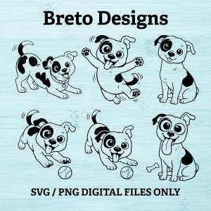 Peut inclure: Illustrations de chiots de dessin animé en noir et blanc dans diverses poses ludiques. Le texte "Breto Designs" et "SVG / PNG DIGITAL FILES ONLY" est inclus. Les chiots ont des taches et sont représentés avec des balles de tennis et un os.