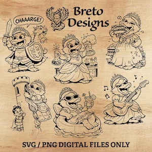 May include: Black and white digital art featuring cartoon ducks in various scenarios. One duck is a knight, another a princess, and others play a guitar, eat a burger, and relax. The text "Breto Designs" and "SVG / PNG DIGITAL FILES ONLY" are also present.