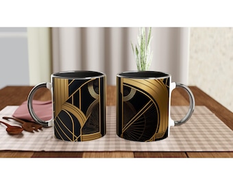 Tazza da caffè Art Déco - Design geometrico nero e oro, ceramica da 11 once