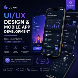 May include: A promotional graphic for UI/UX design and mobile app development services featuring the Lumo brand. The display shows three smartphones with dark-themed app interfaces, including habit tracking, analytics, and profile screens.