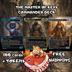 Könnte beinhalten: Ein Magic: The Gathering Commander-Deck mit dem Titel The Master of Keys, bestehend aus 100 Karten und Spielsteinen. Das Bild zeigt drei Karten: Displacer Kitten, The Master of Keys und Abdel Adrian, Gorion's Ward, sowie ein Fisch-Maskottchen.