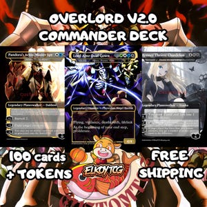 Può includere: Un mazzo Commander Overlord V2.0 personalizzato con tre carte collezionabili illustrate: Pandora's Actor, Lord Ainz Ooal Gown e Renner Theiere Chardelon. Il set include 100 carte e pedine, mostrate con il logo della mascotte Elko TCG.