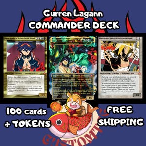Op de afbeelding: Een Gurren Lagann Commander Deck set met drie ruilkaarten met anime-personageillustraties, waaronder Simon en Kitan. De afbeelding bevat de tekst Gurren Lagann Commander Deck, 100 cards + tokens en free shipping, met een cartoon visafbeelding.