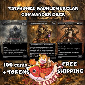 May include: A Tinybones, Bauble Burglar Commander deck featuring 100 cards and tokens. The image displays three Magic: The Gathering cards: Grief, Tinybones, Bauble Burglar, and Sheoldred, the Apocalypse, set against a dark, treasure-filled background.