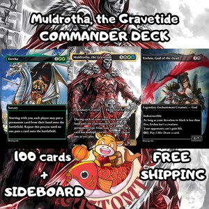 May include: A Muldrotha, the Gravetide Commander Deck featuring 100 cards and a sideboard. The image displays three Magic: The Gathering cards: Eureka, Muldrotha, the Gravetide, and Erebos, God of the Dead, alongside a cartoon character riding a fish.
