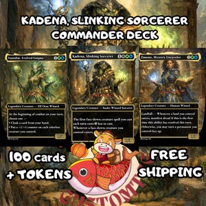 Puede incluir: Un mazo de cartas Commander Kadena, Slinking Sorcerer que incluye tres cartas de criaturas legendarias: Vannifar, Evolved Enigma, Kadena, Slinking Sorcerer y Zimone, Mystery Unraveler. La imagen contiene el texto 100 cards + tokens.