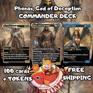 Könnte beinhalten: Ein Phenax, God of Deception Commander-Deck mit 100 Karten und Spielsteinen. Das Bild zeigt drei Magic: The Gathering-Karten: Sire of Stagnation, Phenax, God of Deception und Consecrated Sphinx sowie eine Cartoon-Fisch-Maskottchen-Grafik.